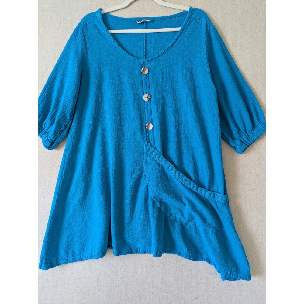 CottonWays Tunic Top Womens Size 2 Large Blue Gauze Cotton Boho Lagenlook Pocket